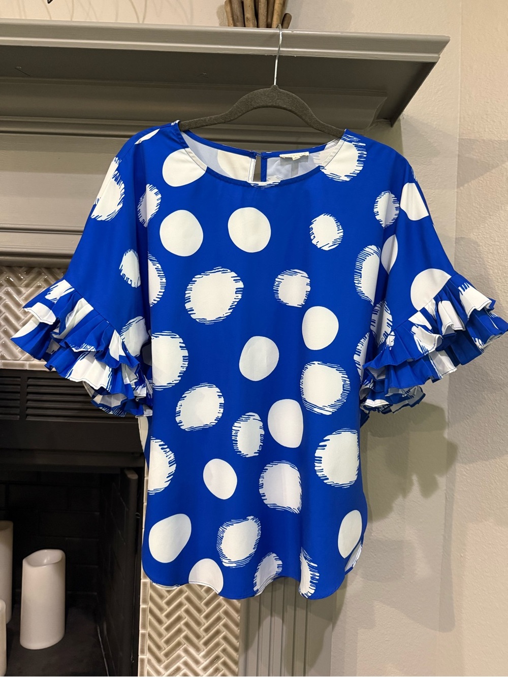 JODIFL Royal Blue and White Polka Dot Ruffle Sleeve Blouse
